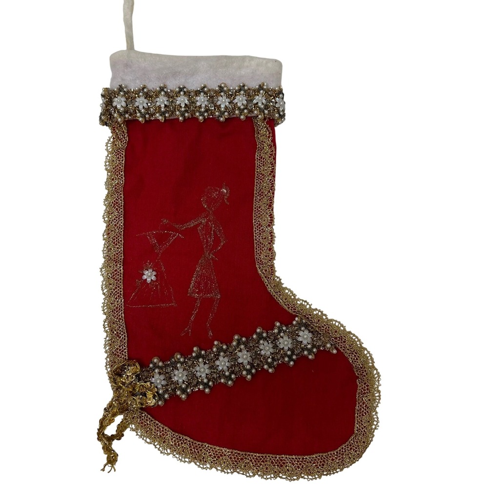 Handmade Red Gold Beaded Christmas Stocking Glitter Lady Fashion Glam Lace 16in
